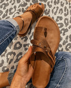 Women's Wedge Slip On Sandals with Toe Loop and Buckle Strap