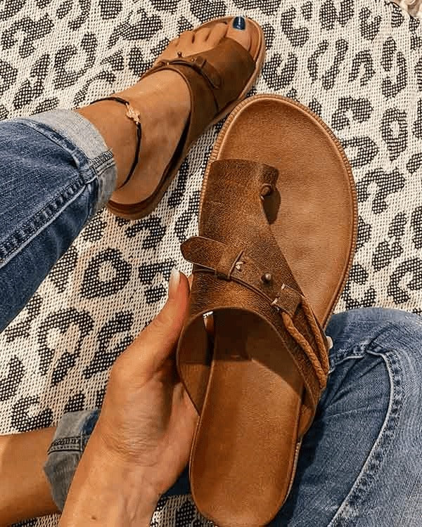 Women's Wedge Slip On Sandals with Toe Loop and Buckle Strap