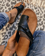Women's Wedge Slip On Sandals with Toe Loop and Buckle Strap