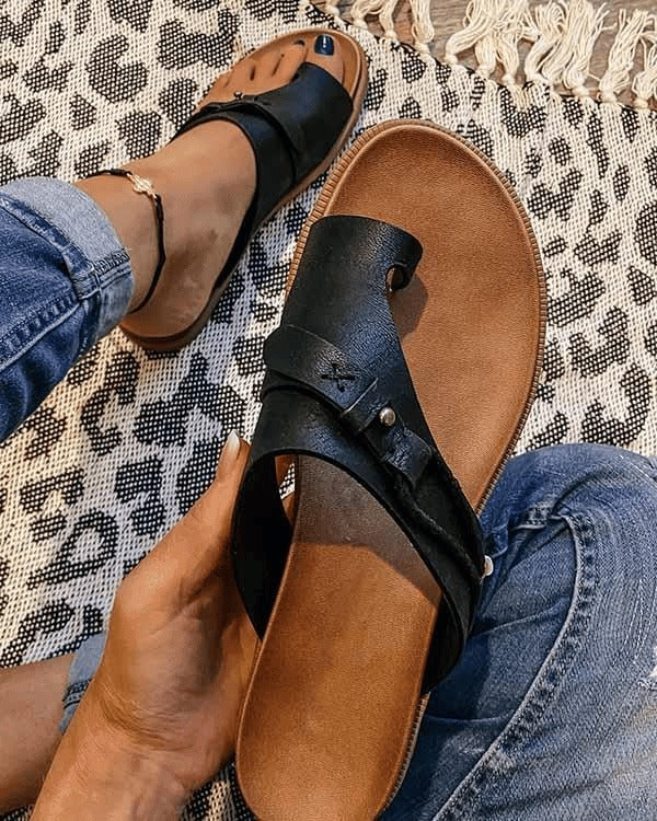 Women's Wedge Slip On Sandals with Toe Loop and Buckle Strap
