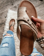 Women's Wedge Slip On Sandals with Toe Loop and Buckle Strap