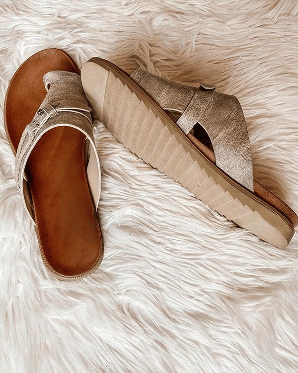 Women's Wedge Slip On Sandals with Toe Loop and Buckle Strap