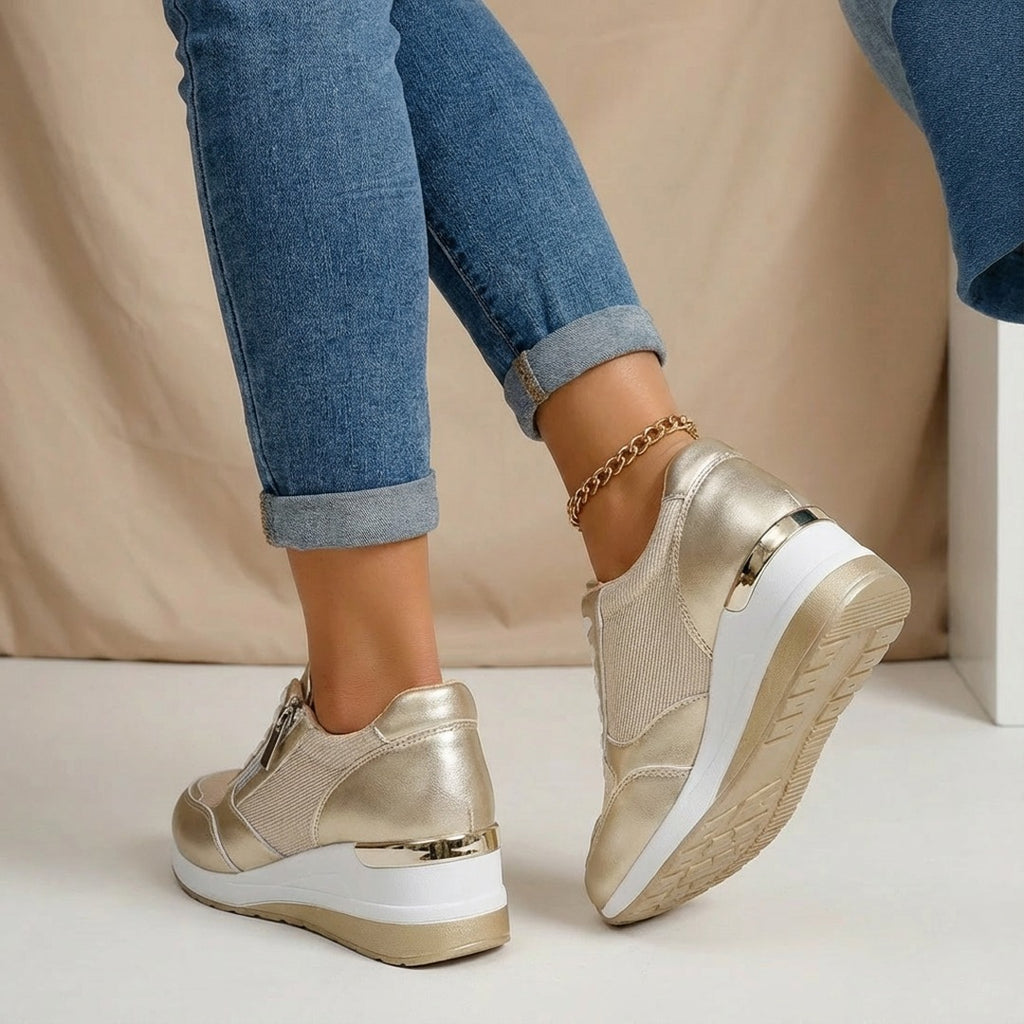 Women's Wedge Sneakers with Lace-Up Front and Side Zip Closure