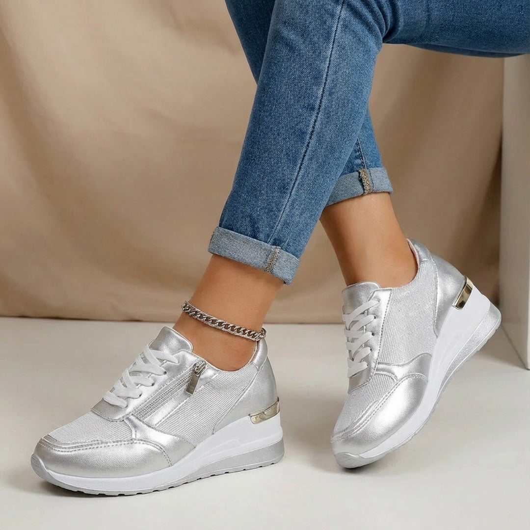 Women's Wedge Sneakers with Lace-Up Front and Side Zip Closure