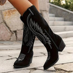 Women's Western Cowboy Boots with Contrast Embroidered Shaft and Pointed Toe