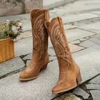 Women's Western Cowboy Boots with Contrast Embroidered Shaft and Pointed Toe