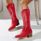 Women's Western Cowboy Boots with Contrast Embroidered Shaft and Pointed Toe