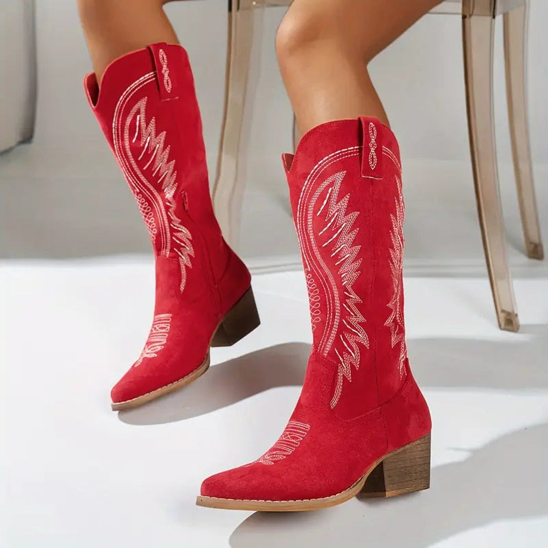 Women's Western Cowboy Boots with Contrast Embroidered Shaft and Pointed Toe