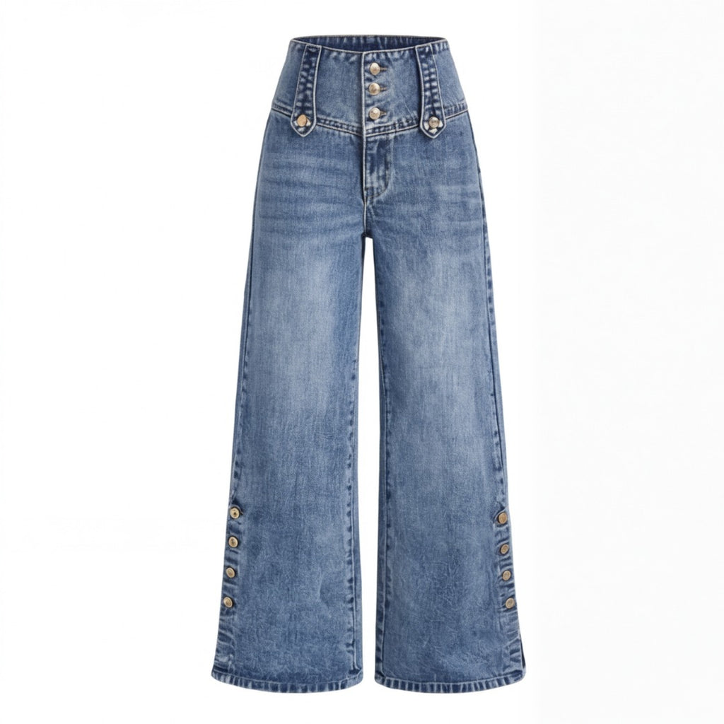 Women's Wide Leg High Waisted Jeans with Button Side Vent