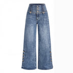 Women's Wide Leg High Waisted Jeans with Button Side Vent