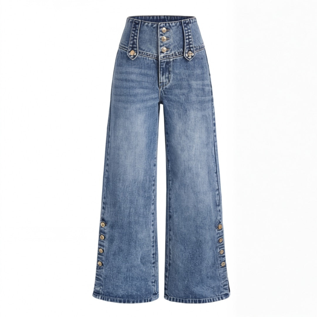 Women's Wide Leg High Waisted Jeans with Button Side Vent