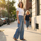 Women's Wide Leg High Waisted Jeans with Button Side Vent