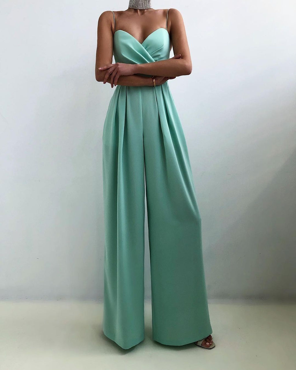Women's Wide-Leg Jumpsuit with Sweetheart Neckline and Thin Strap Bodice