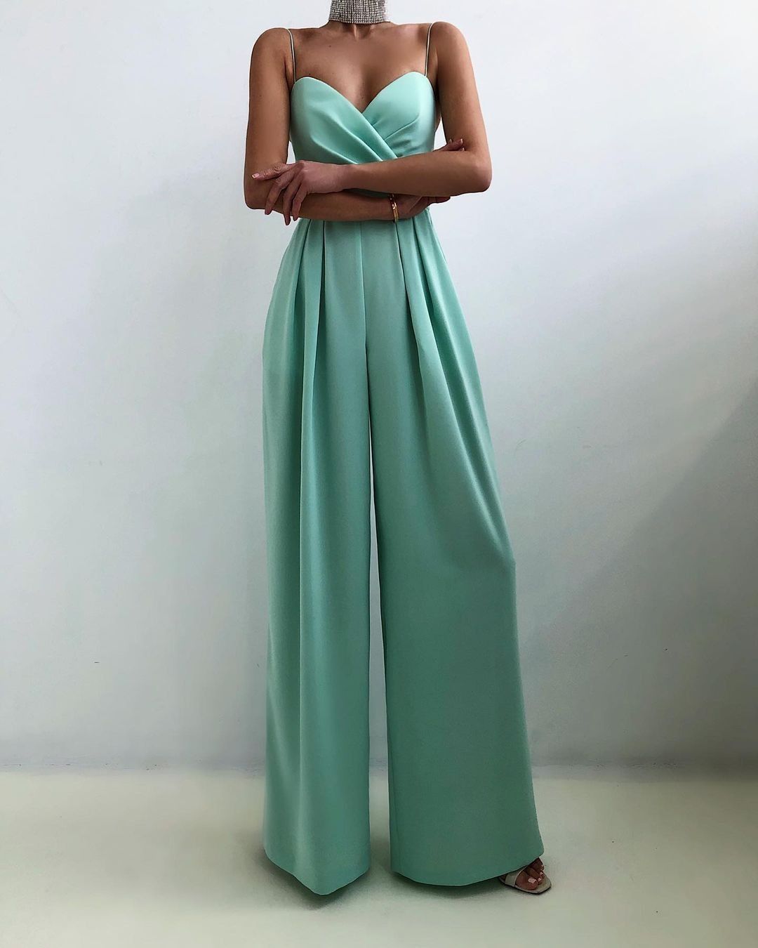 Women's Wide-Leg Jumpsuit with Sweetheart Neckline and Thin Strap Bodice