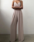 Women's Wide-Leg Jumpsuit with Sweetheart Neckline and Thin Strap Bodice