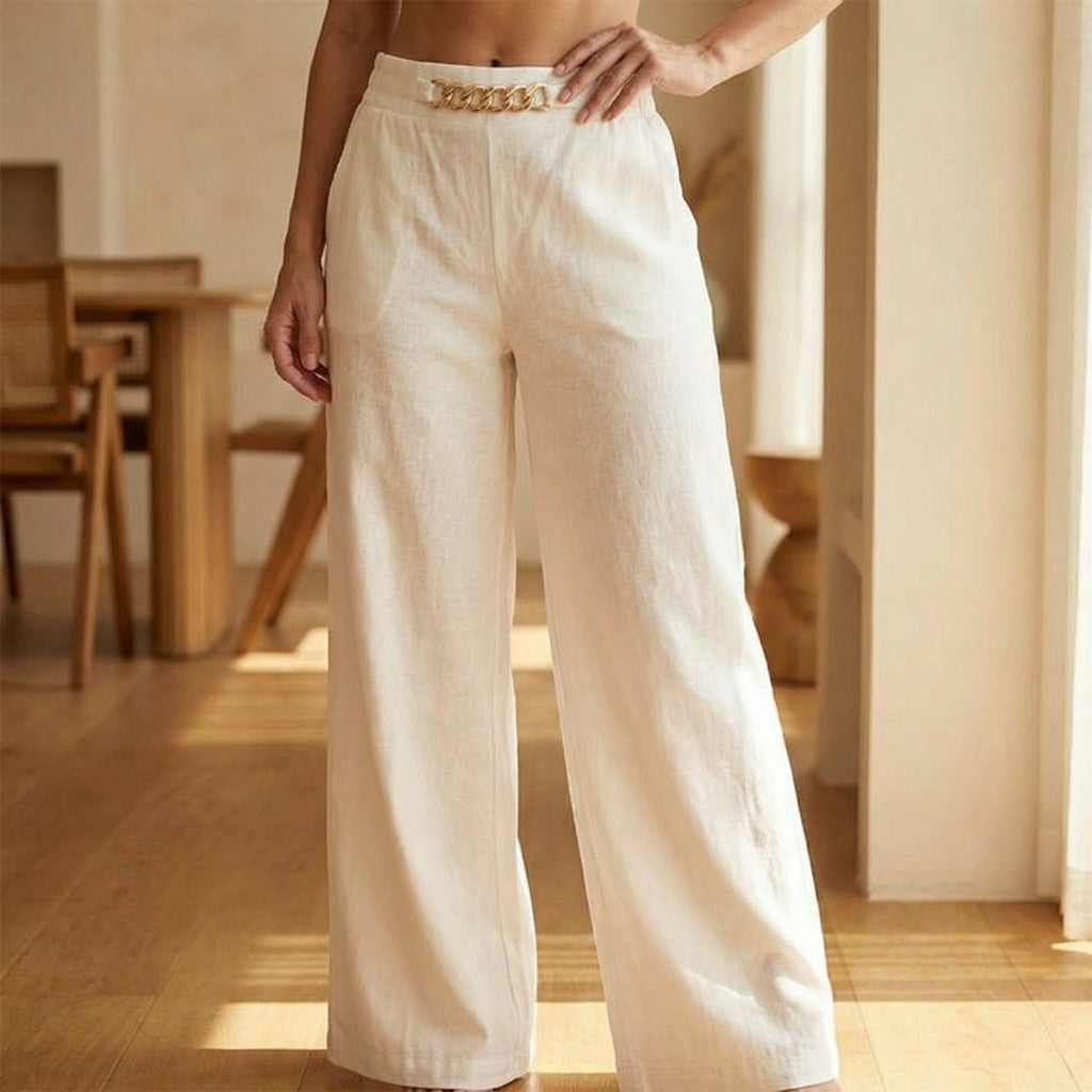 Women's Wide Leg Palazzo Trousers with High Waist Chain Detail