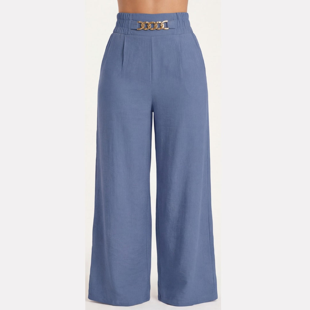 Women's Wide Leg Palazzo Trousers with High Waist Chain Detail