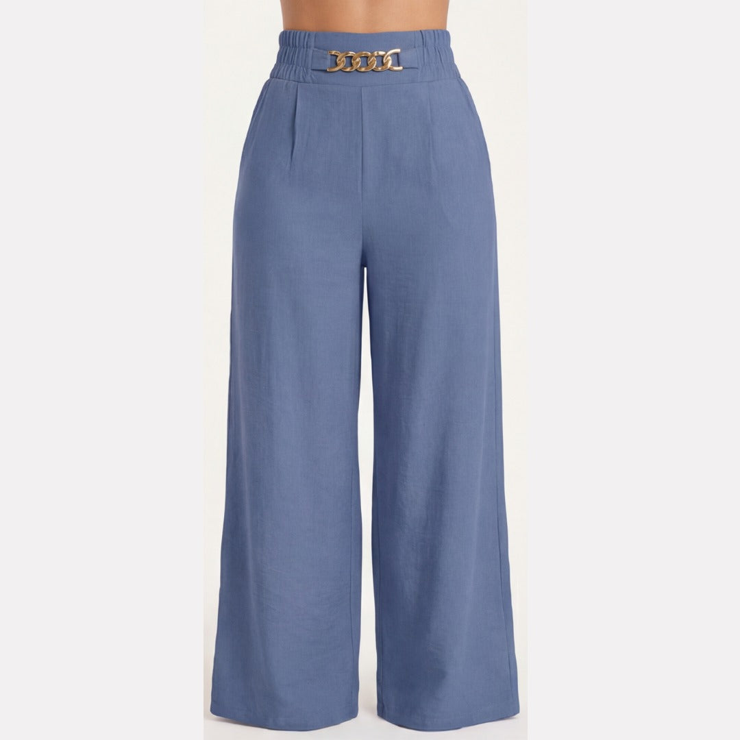 Women's Wide Leg Palazzo Trousers with High Waist Chain Detail