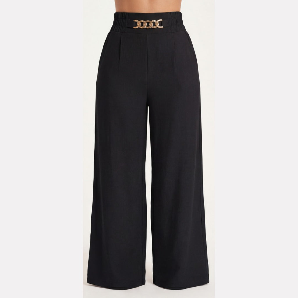 Women's Wide Leg Palazzo Trousers with High Waist Chain Detail