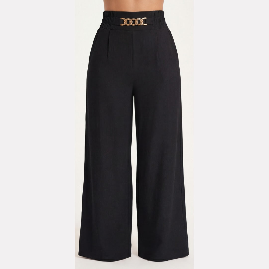 Women's Wide Leg Palazzo Trousers with High Waist Chain Detail