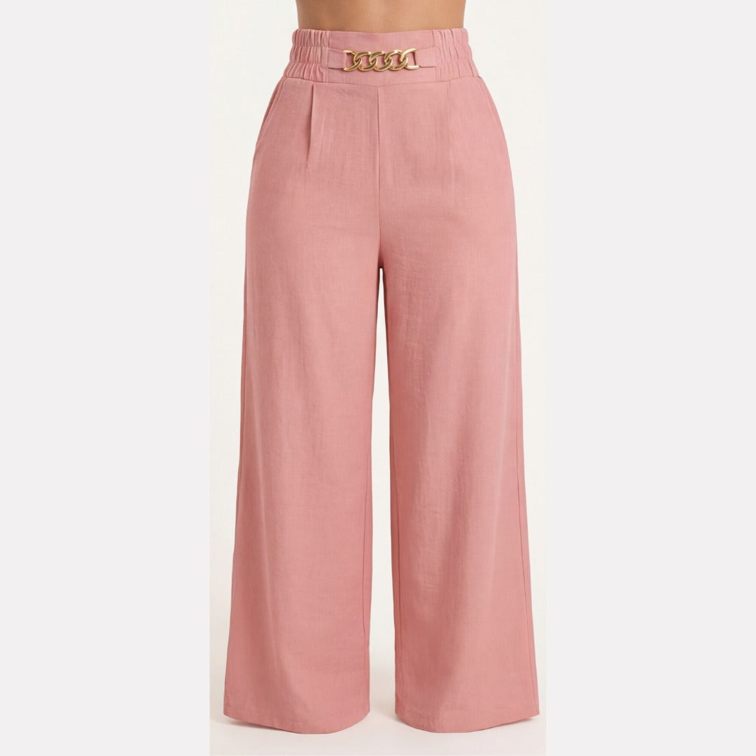 Women's Wide Leg Palazzo Trousers with High Waist Chain Detail