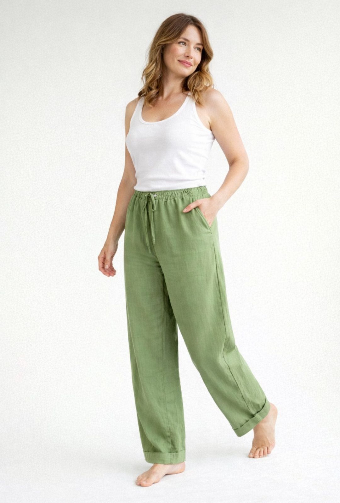 Women's Wide-Leg Trousers with Elasticated Drawstring Waistband and Turned-Up Cuffs