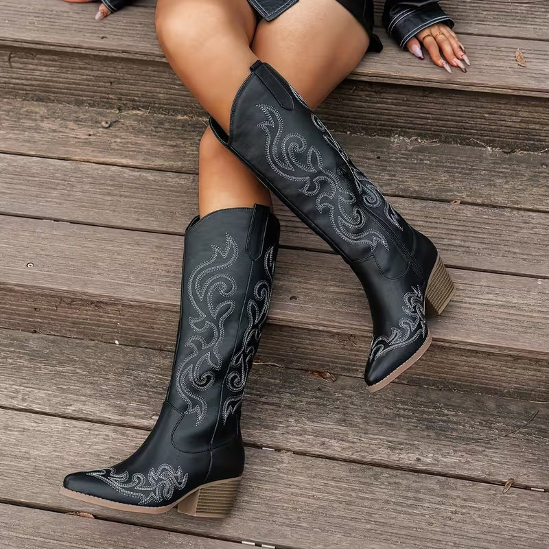 Women's Winter Knee High Boots with Embroidered Detail