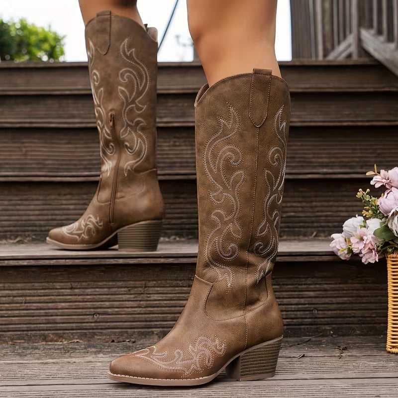 Women's Winter Knee High Boots with Embroidered Detail