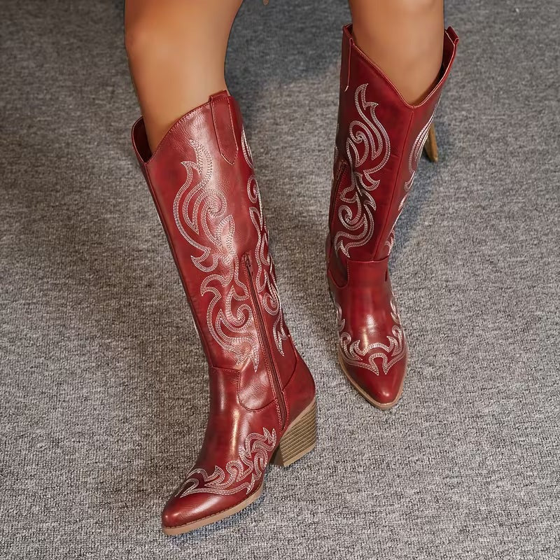 Women's Winter Knee High Boots with Embroidered Detail