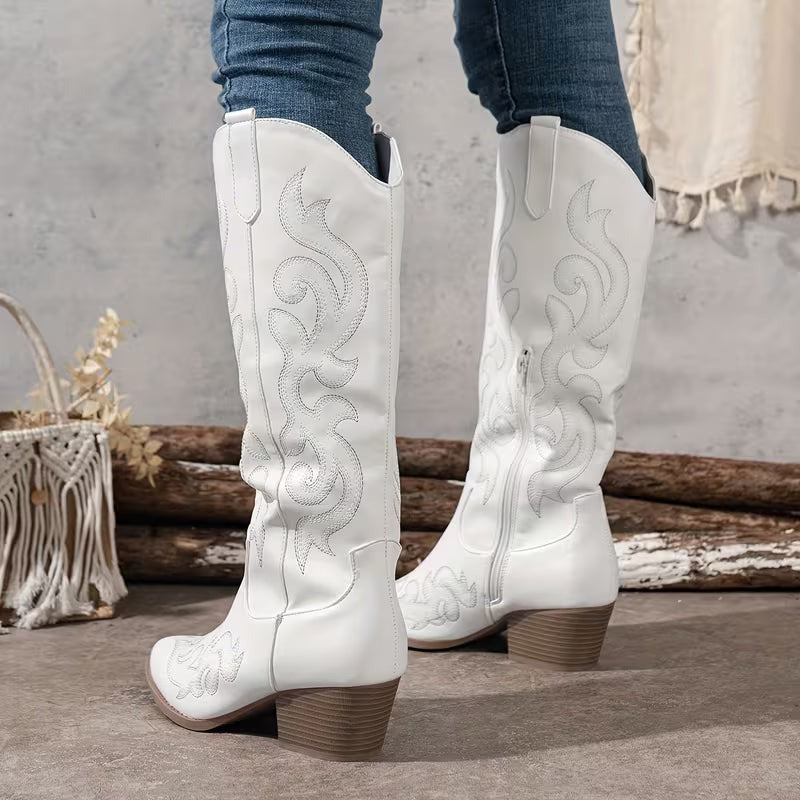 Women's Winter Knee High Boots with Embroidered Detail