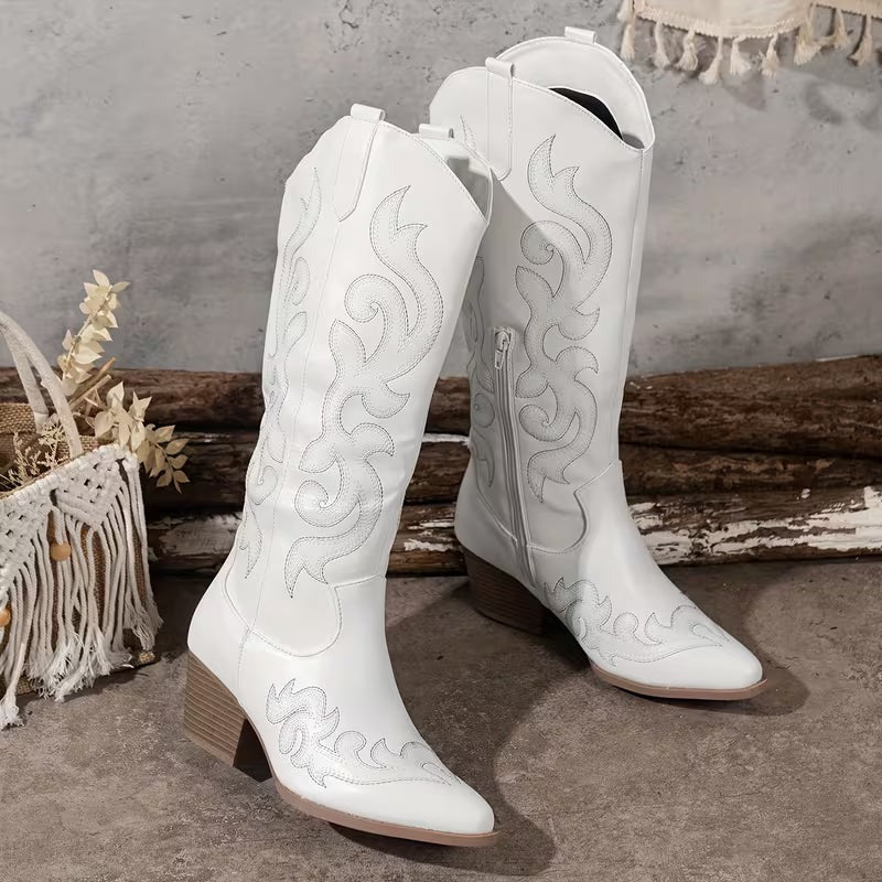 Women's Winter Knee High Boots with Embroidered Detail
