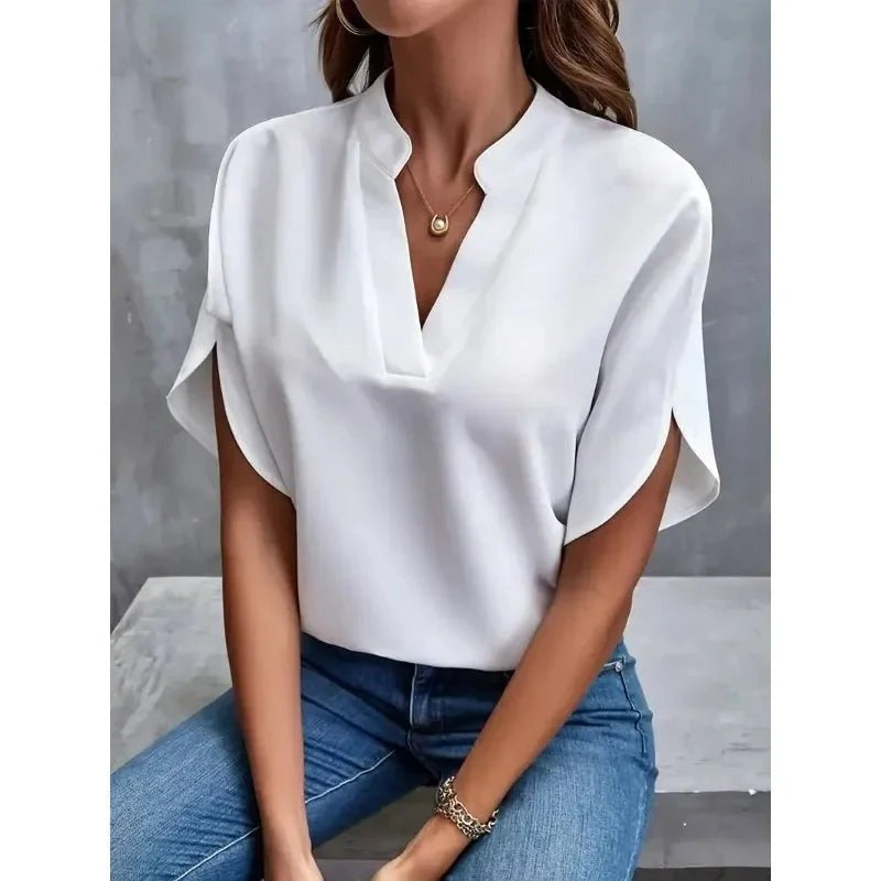 Women's Workwear Short Sleeve Blouse with V-Neck