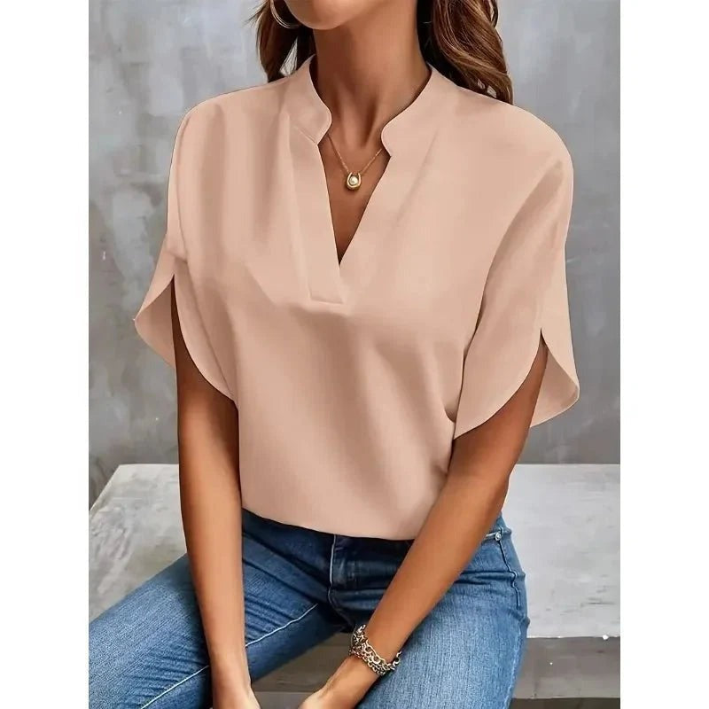 Women's Workwear Short Sleeve Blouse with V-Neck