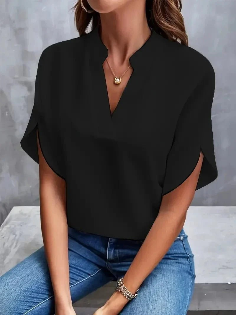 Women's Workwear Short Sleeve Blouse with V-Neck