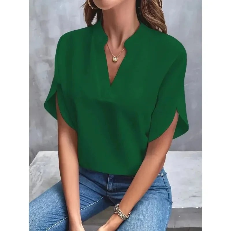 Women's Workwear Short Sleeve Blouse with V-Neck