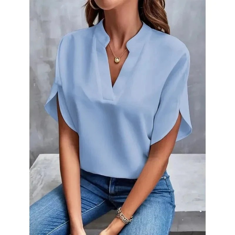 Women's Workwear Short Sleeve Blouse with V-Neck