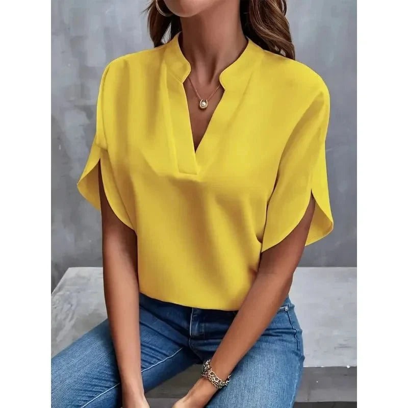 Women's Workwear Short Sleeve Blouse with V-Neck