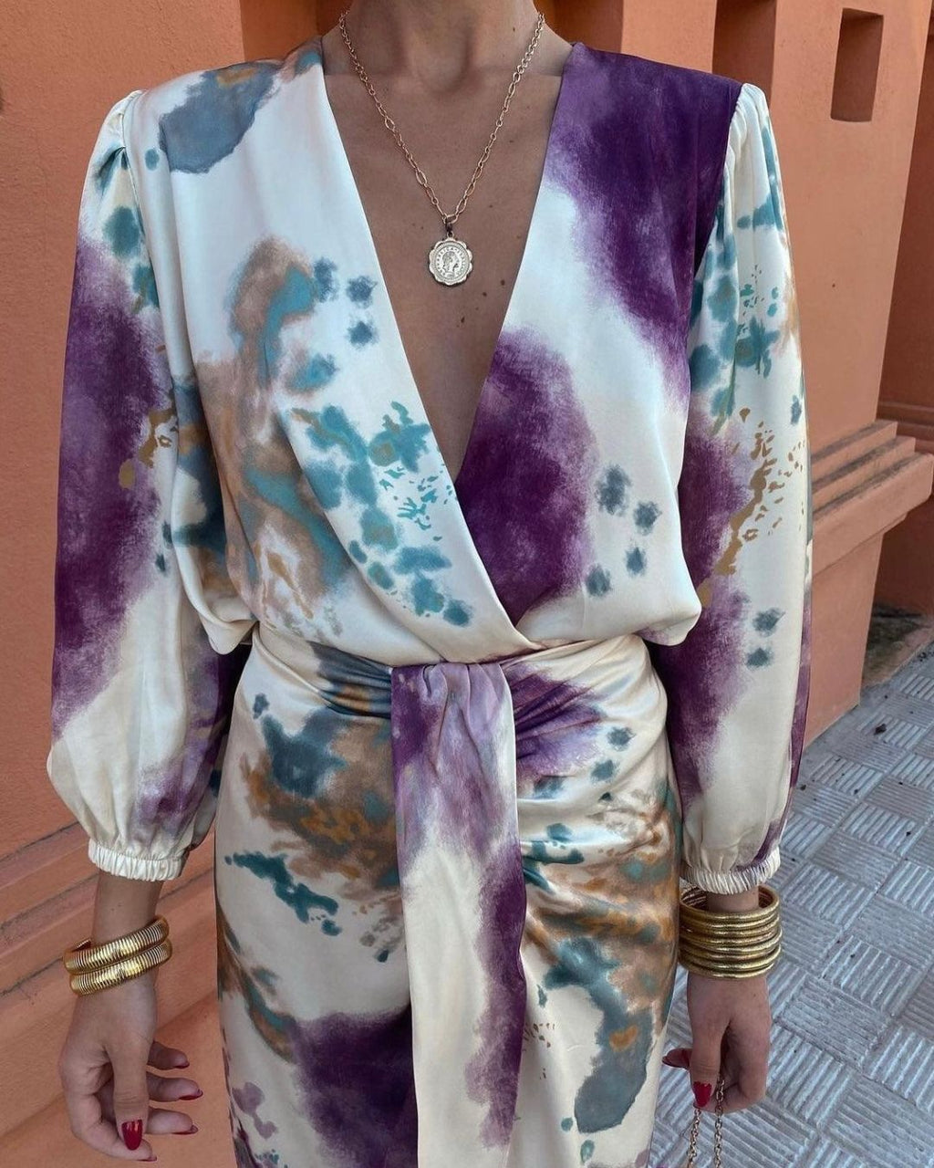 Women's Wrap Dress with Deep V-Neckline and Tie Waist Belt in Abstract Print