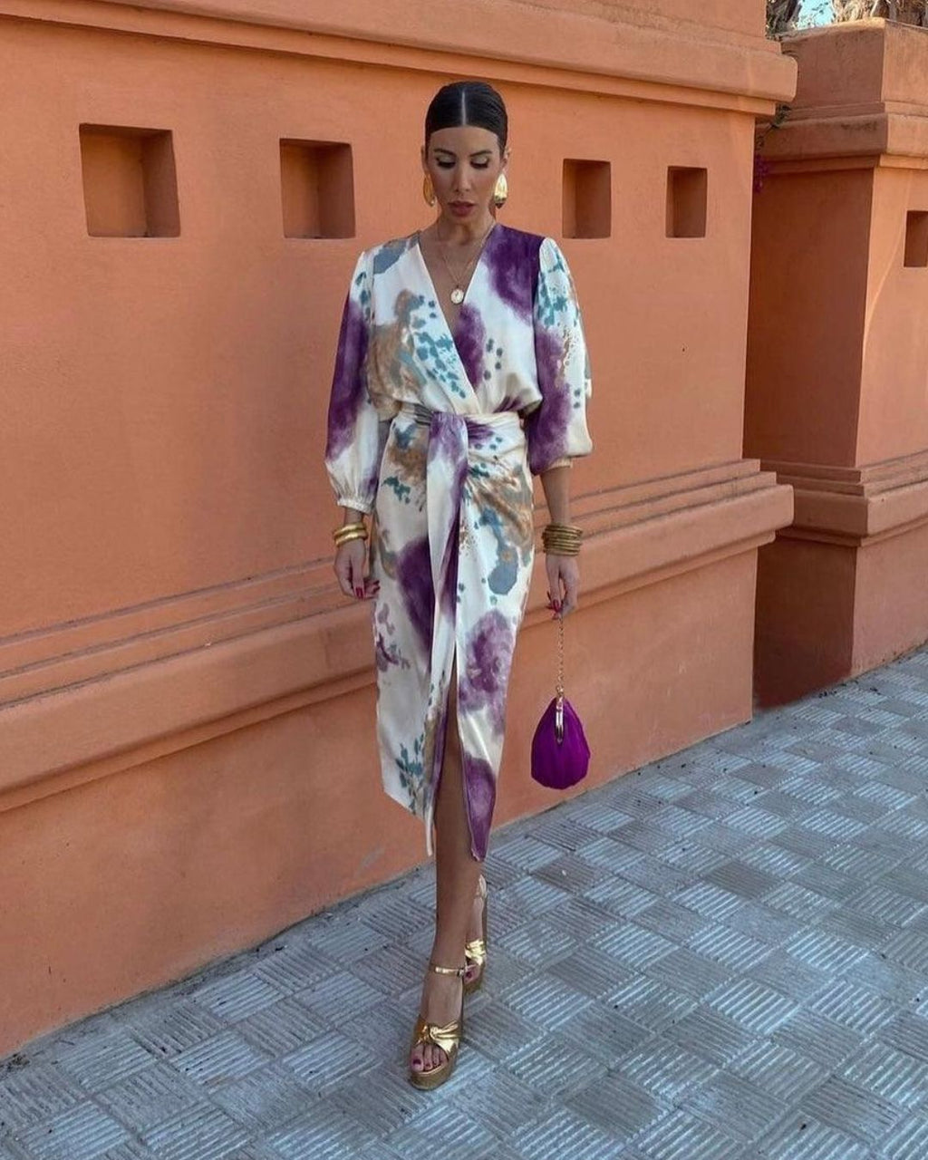 Women's Wrap Dress with Deep V-Neckline and Tie Waist Belt in Abstract Print