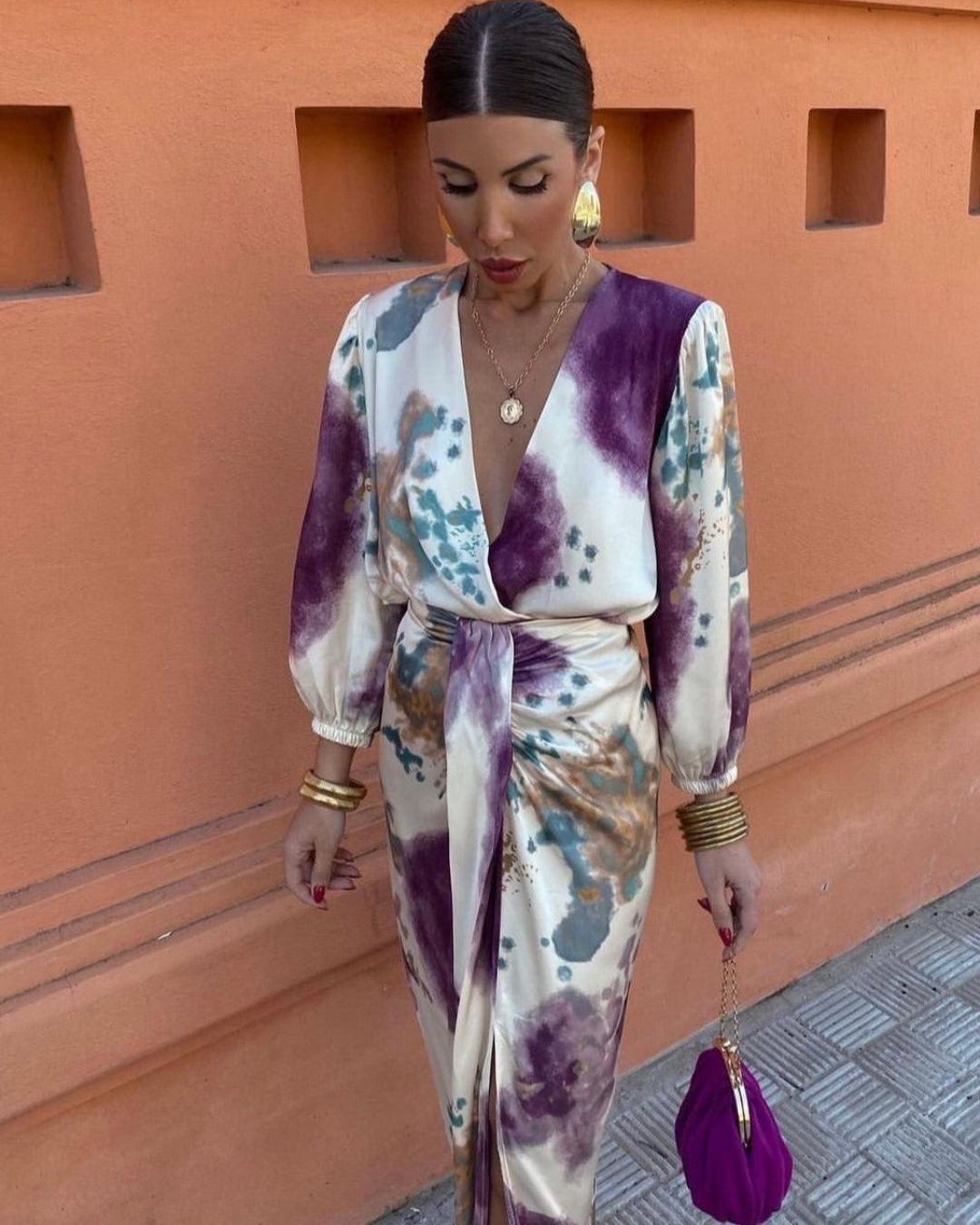 Women's Wrap Dress with Deep V-Neckline and Tie Waist Belt in Abstract Print
