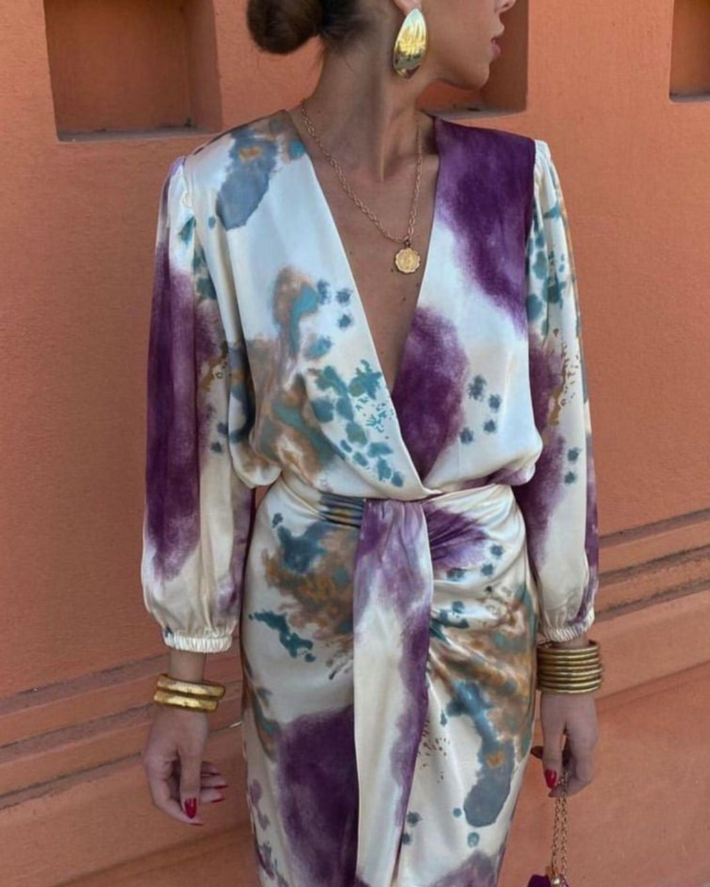 Women's Wrap Dress with Deep V-Neckline and Tie Waist Belt in Abstract Print