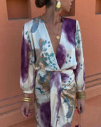 Women's Wrap Dress with Deep V-Neckline and Tie Waist Belt in Abstract Print