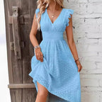 Women's Wrap-Front Dress with Ruffle Cap Sleeves and Smocked Waistband and Eyelet Perforated Skirt