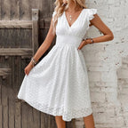 Women's Wrap-Front Dress with Ruffle Cap Sleeves and Smocked Waistband and Eyelet Perforated Skirt