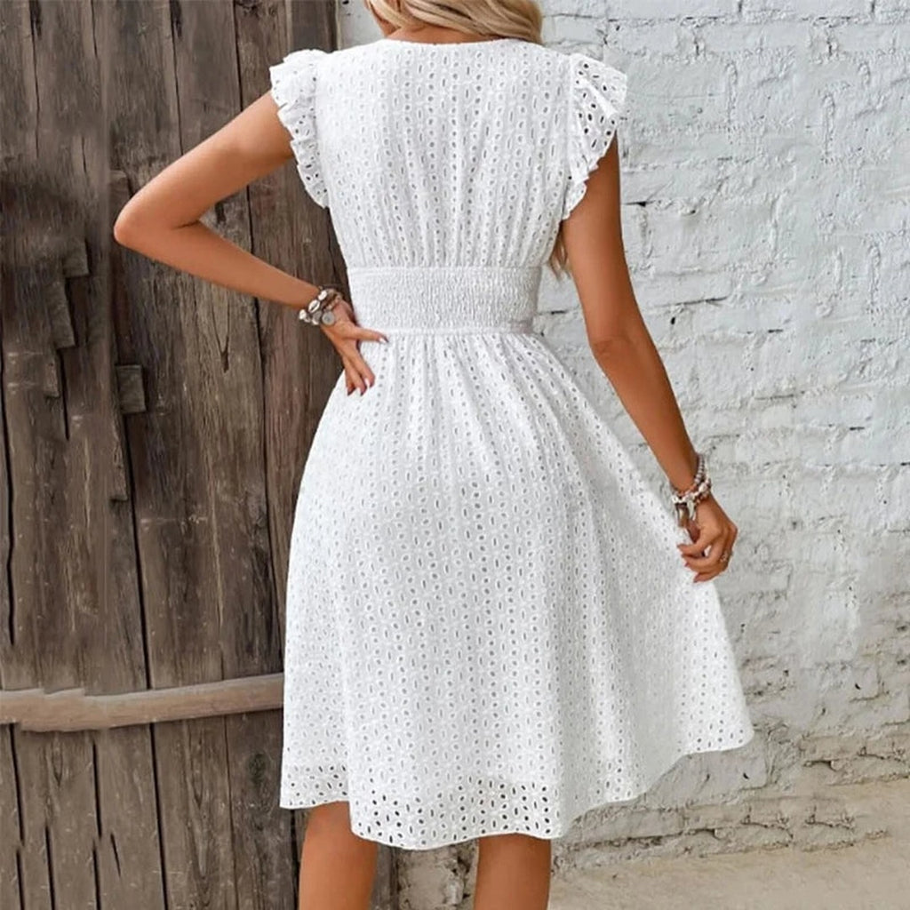 Women's Wrap-Front Dress with Ruffle Cap Sleeves and Smocked Waistband and Eyelet Perforated Skirt