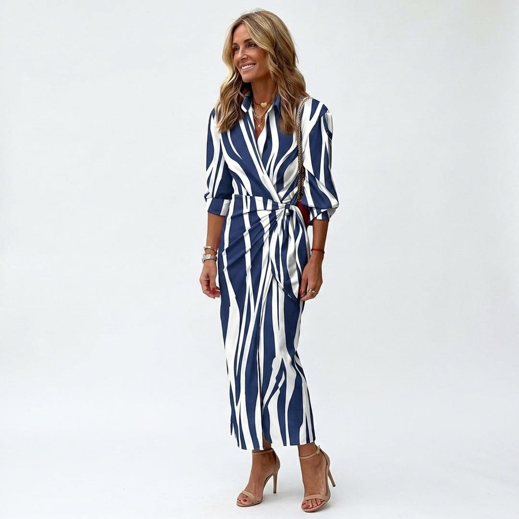 Women's Wrap Long Sleeve Midi Dress with Shirt Collar