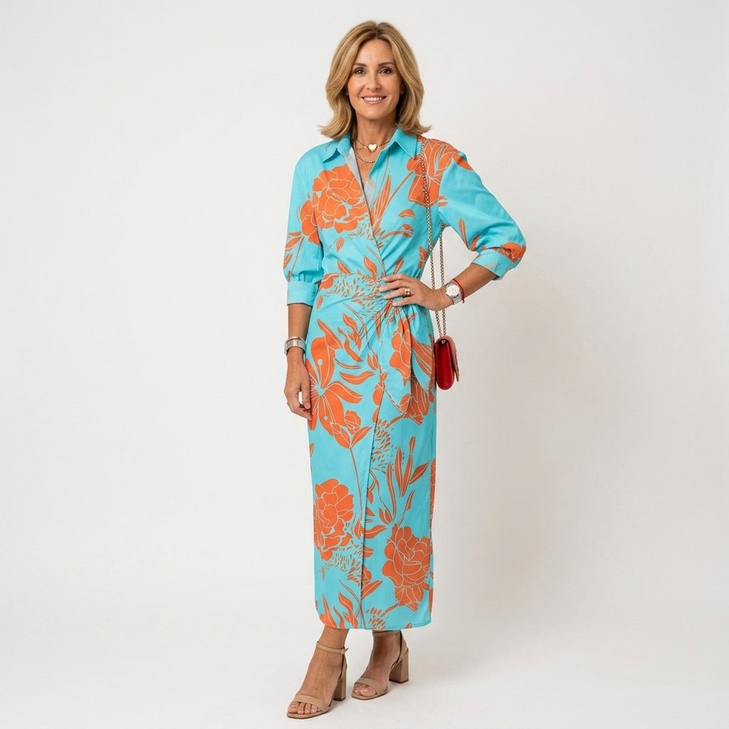 Women's Wrap Long Sleeve Midi Dress with Shirt Collar