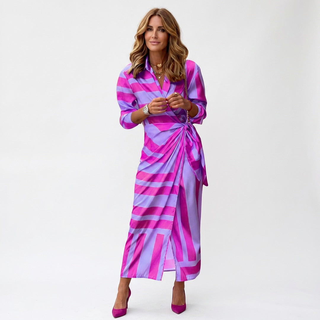 Women's Wrap Long Sleeve Midi Dress with Shirt Collar