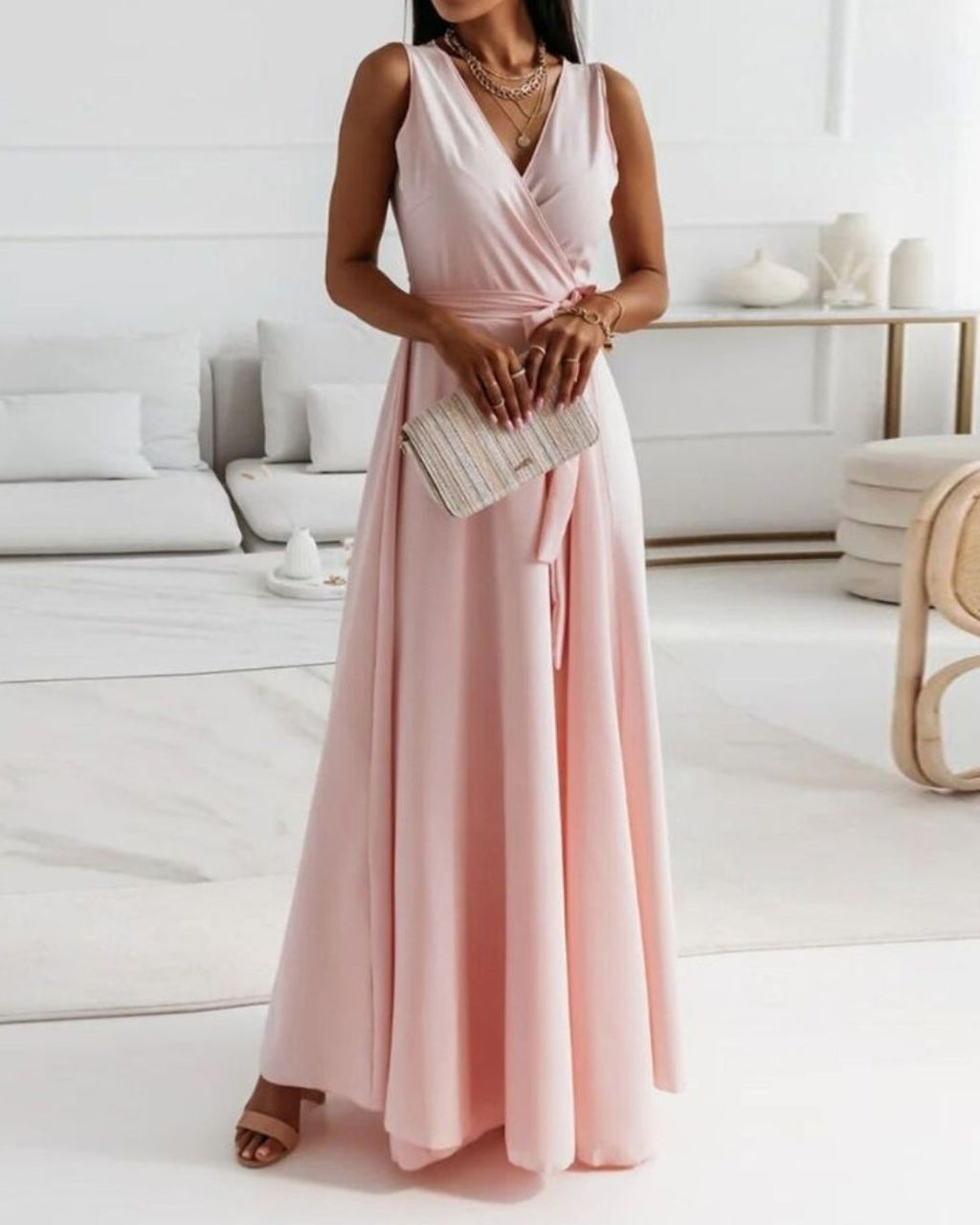 Women's Wrap Maxi Dress with Deep V-Neckline and Tie Waist Belt