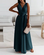 Women's Wrap Maxi Dress with Deep V-Neckline and Tie Waist Belt